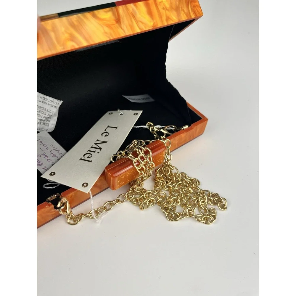 Marbled Acrylic Clutch Bag Art Deco Patchwork Evening Orange Pink Gold Chain